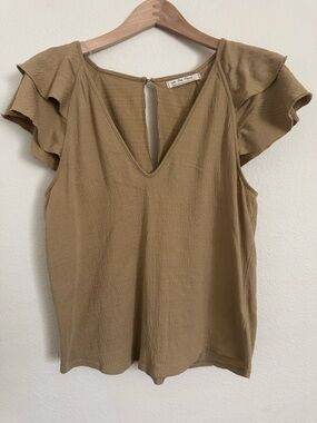 We The Free Taupe Flutter Sleeve V-Neck Top